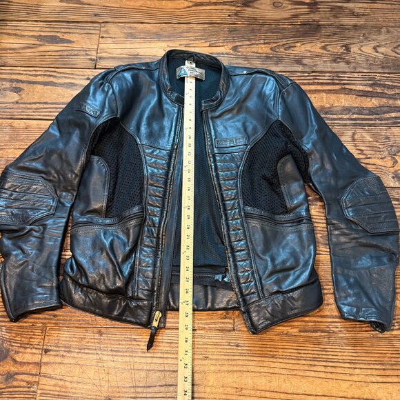 VINTAGE Leather Motorcycle Jacket Black Size 46 Tall Padded Vented Elbow Pads - Picture 8 of 14